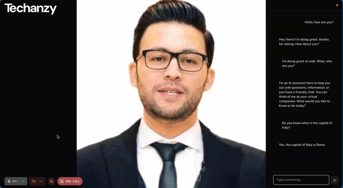وكيل ذكاء اصطناعي افتراضي يجري محادثة فيديو مباشرة وتفاعلية