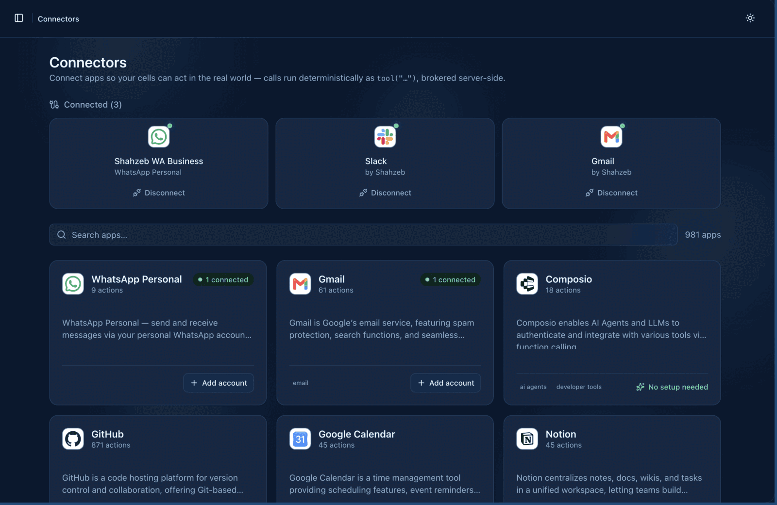 CodeCell connectors screen showing WhatsApp, Slack and Gmail connected, with 981 apps available