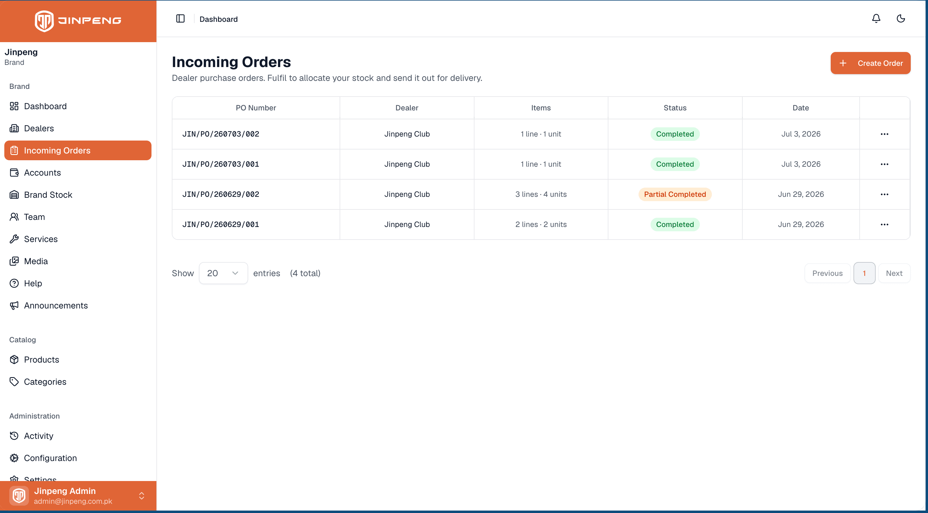 Jinpeng brand incoming orders and purchase order workflow