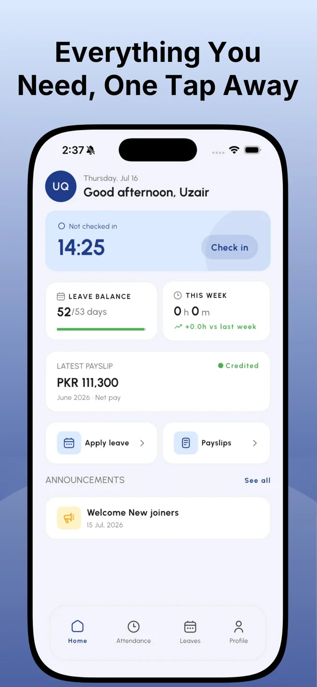 HR 101 app home – check in, leave balance and latest payslip