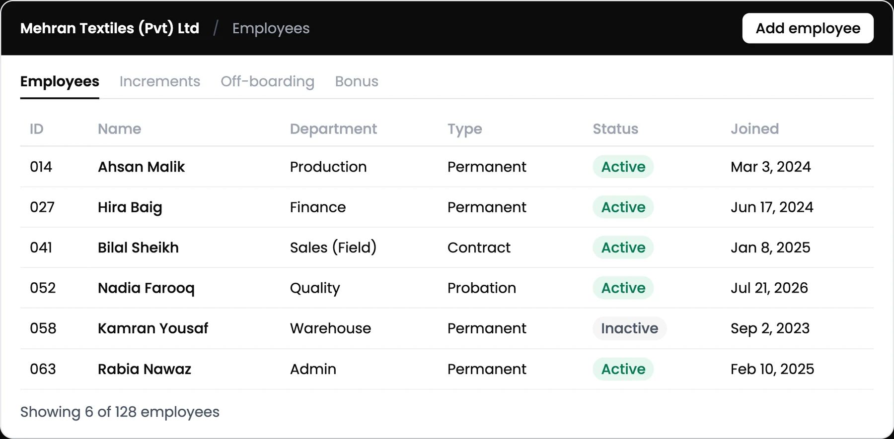 HR 101 employee list – department, type, status and joining date