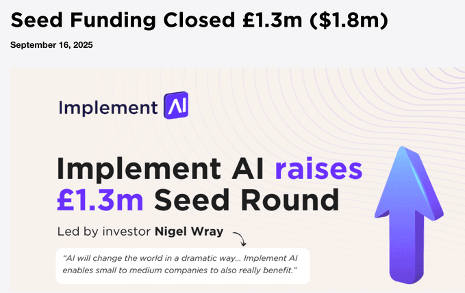 تغطية صحفية لجمع Implement AI جولة تمويل بقيمة 1.3 مليون جنيه إسترليني