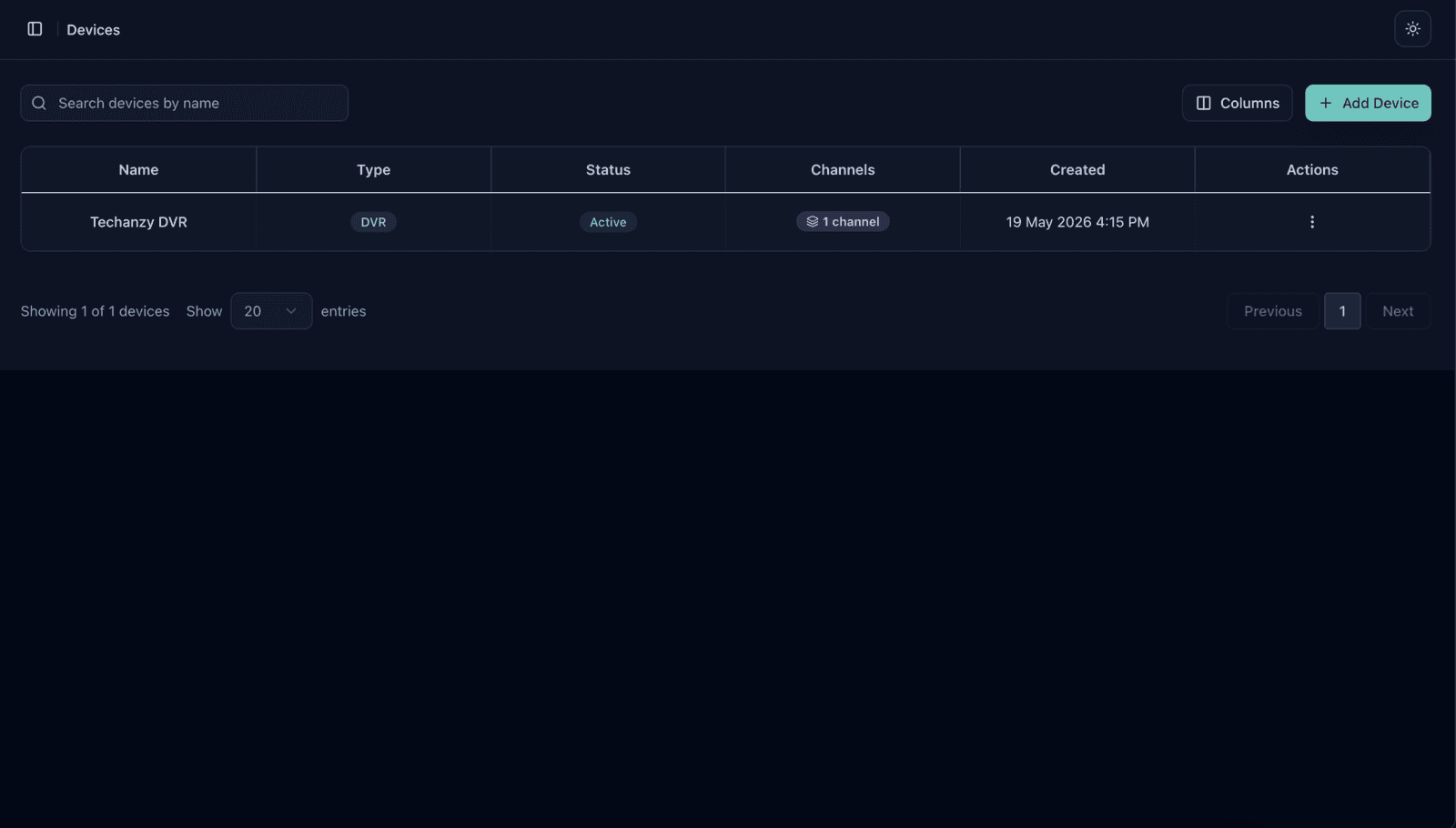 Lenscope devices list – registered DVR with active channels