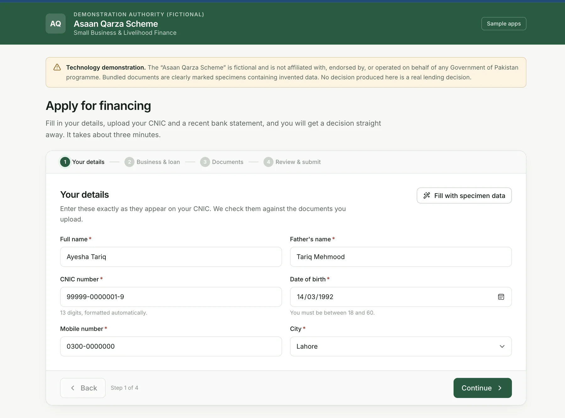 Demo loan application – applicant details form